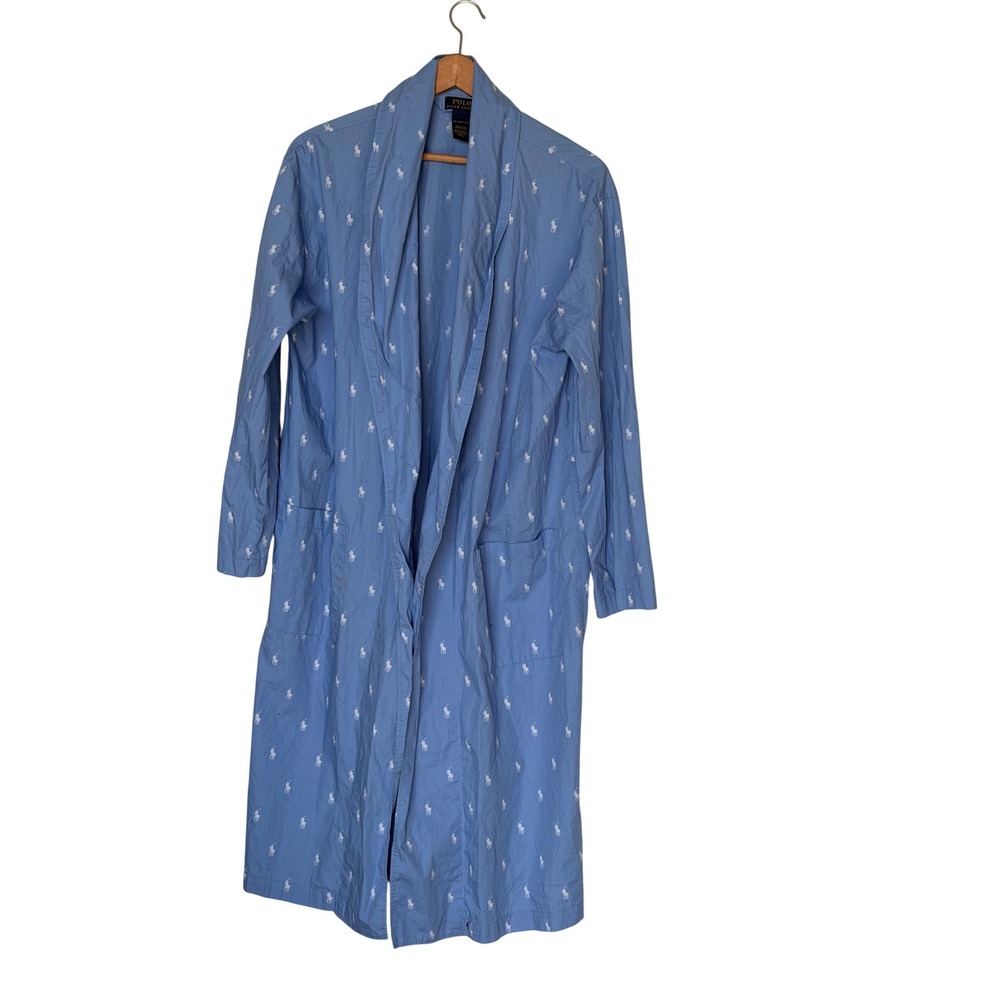 Polo Ralph Lauren Robe Men S/M Light Blue Allover Pony Logo Cotton Shawl Collar